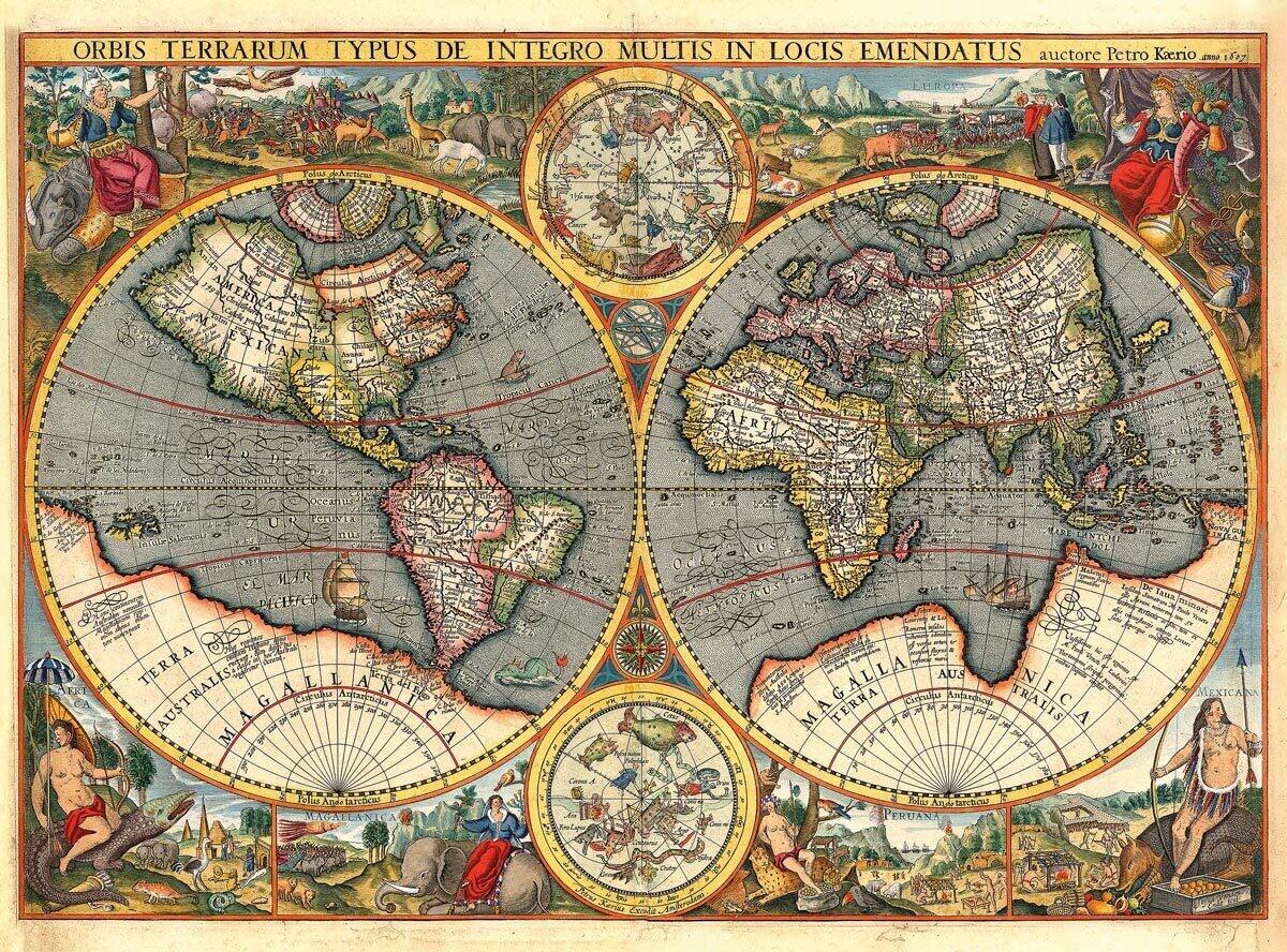 PETRUS KAERIUS (1571–1646): Mapa sveta. Kolorovaná medirytina. Amsterdam, 1607.