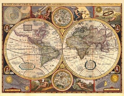 ROBERT WALTON (1618-1688): Mapa sveta. Kolorovaná medirytina. Londýn, 1658.