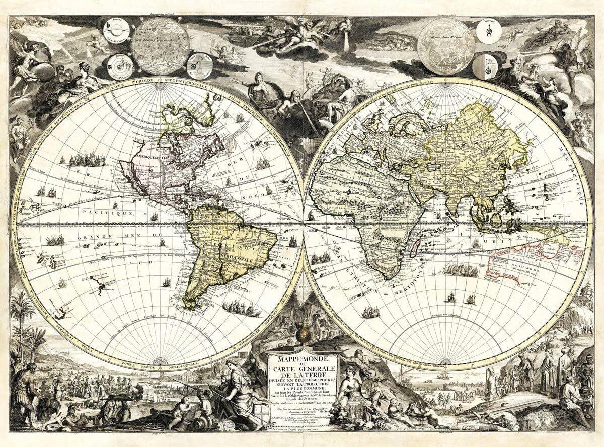 NICOLAS DE FER (1646-1720): Mapa sveta. Medirytina. Paríž, 1694.