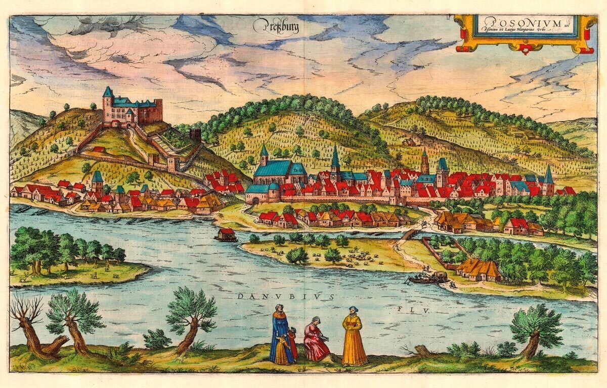 GEORG BRAUN (1541-1622), ABRAHAM HOGENBERG (1608-1653): Bratislava. Kolorovaná medirytina. Kolín nad Rýnom, 1618.