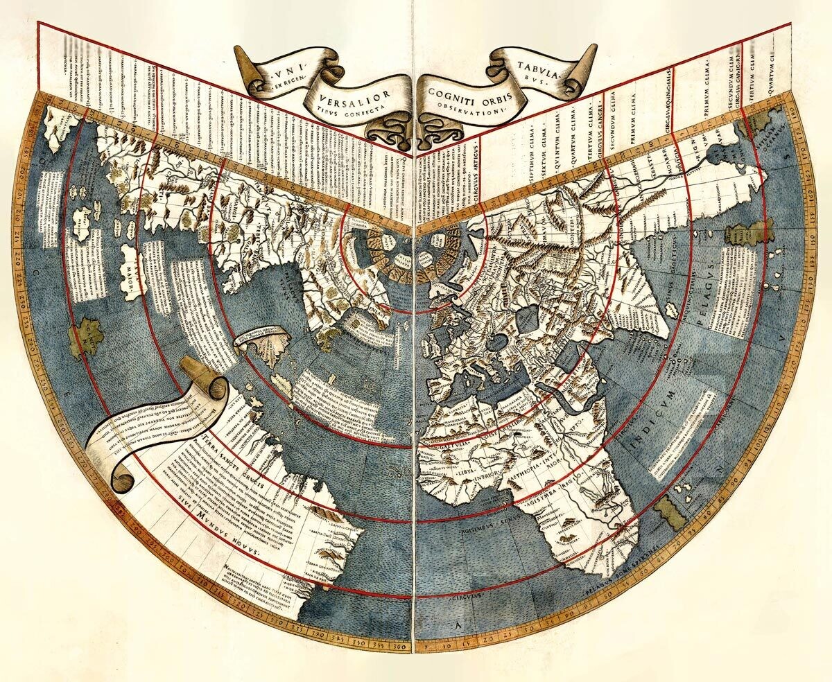 JOHANNES RUYSCH (1460–1533): Mapa sveta. Kolorovaný drevorez. Rím, 1508.