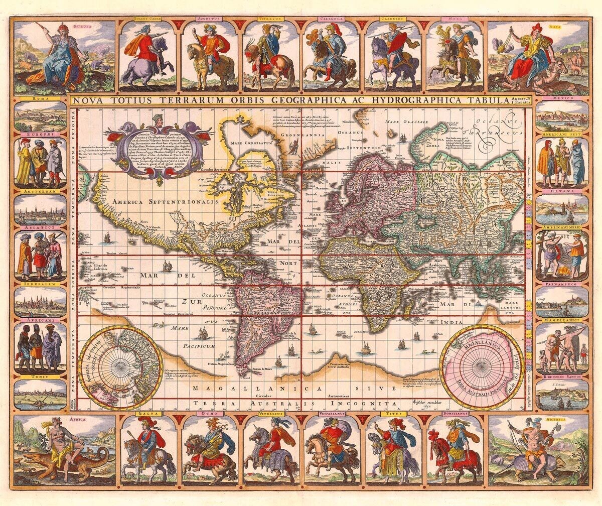 CLAES JANSZOON VISSCHER (1587-1652): Mapa sveta. Kolorovaná medirytina. Amsterdam, 1652.