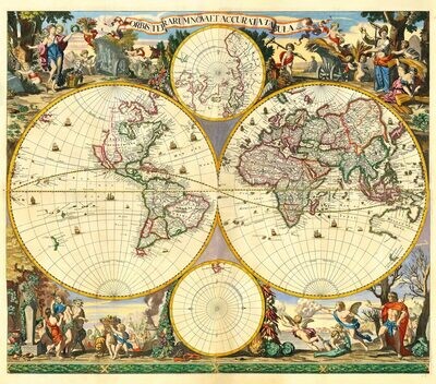 FREDERICK DE WIT (1630-1706), GERARD VALCK (1650-1726): Mapa sveta. Kolorovaná medirytina. Amsterdam, 1690.