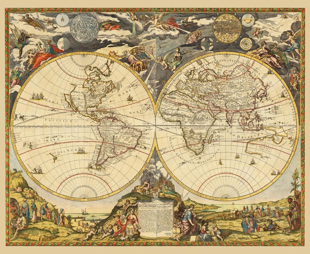 PAOLO PETRINI (činný 1670–1708): Mapa sveta. Kolorovaná medirytina. Neapol, 1700.