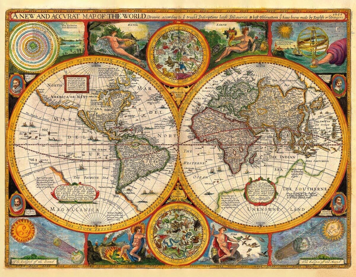 JOHN SPEED (1552-1629): Mapa sveta. Kolorovaná medirytina. Londýn, 1651.