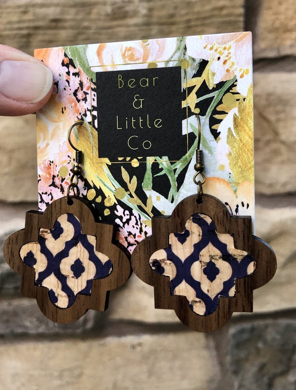 Quatrefoil Wood Earrings (Navy Trellis Inlay)