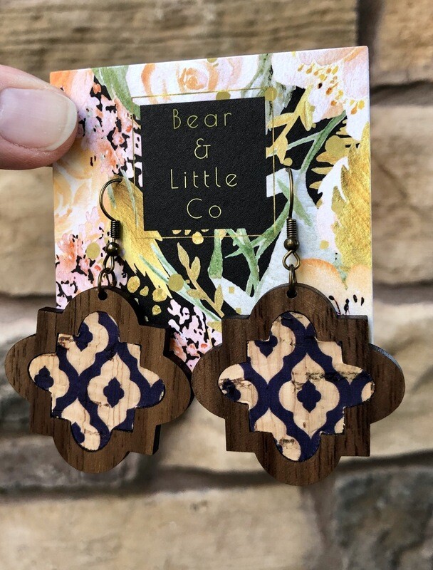 Quatrefoil Wood Earrings (Navy Trellis Inlay)