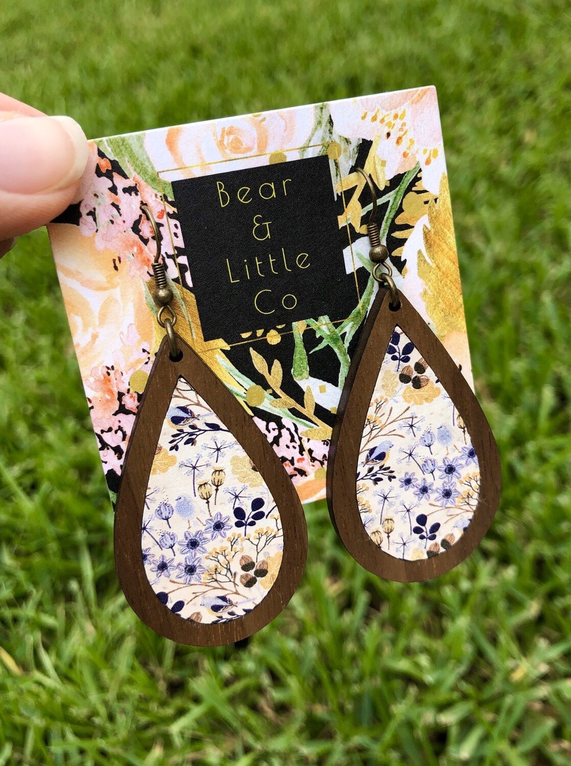 Teardrop Wood Earrings (Periwinkle Floral)