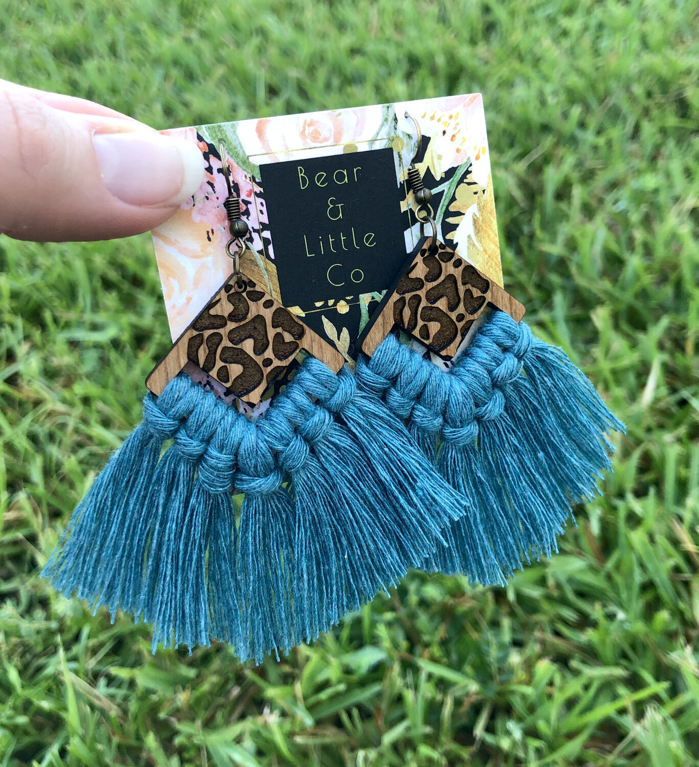 Macrame Earrings (Leopard Teal)
