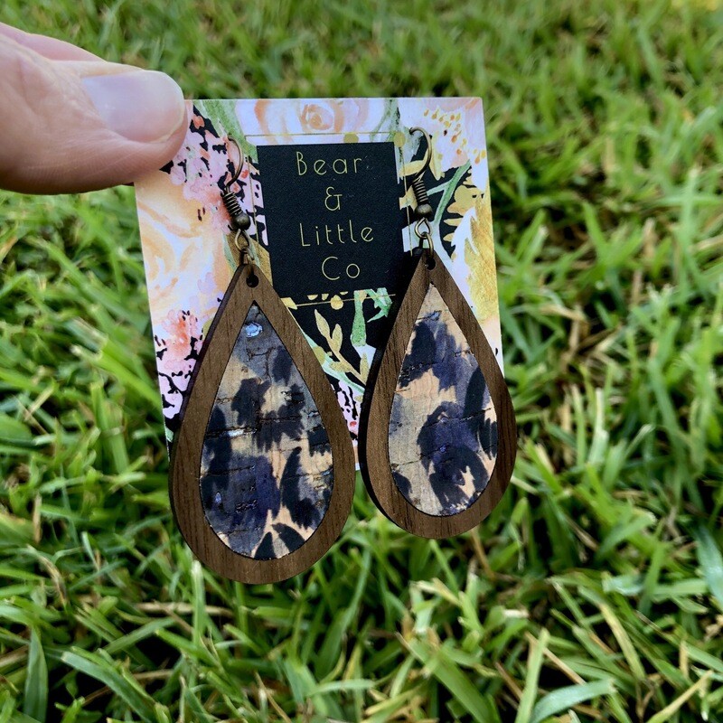Teardrop Wood Earrings (Blue Leopard)
