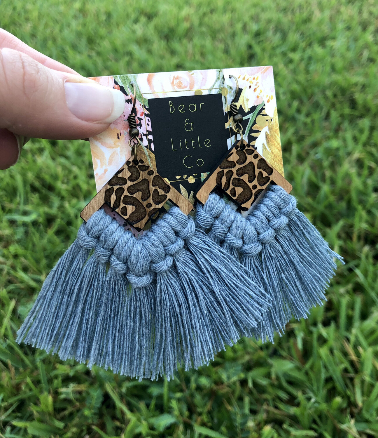 Macrame Earrings (Leopard Raw Denim)