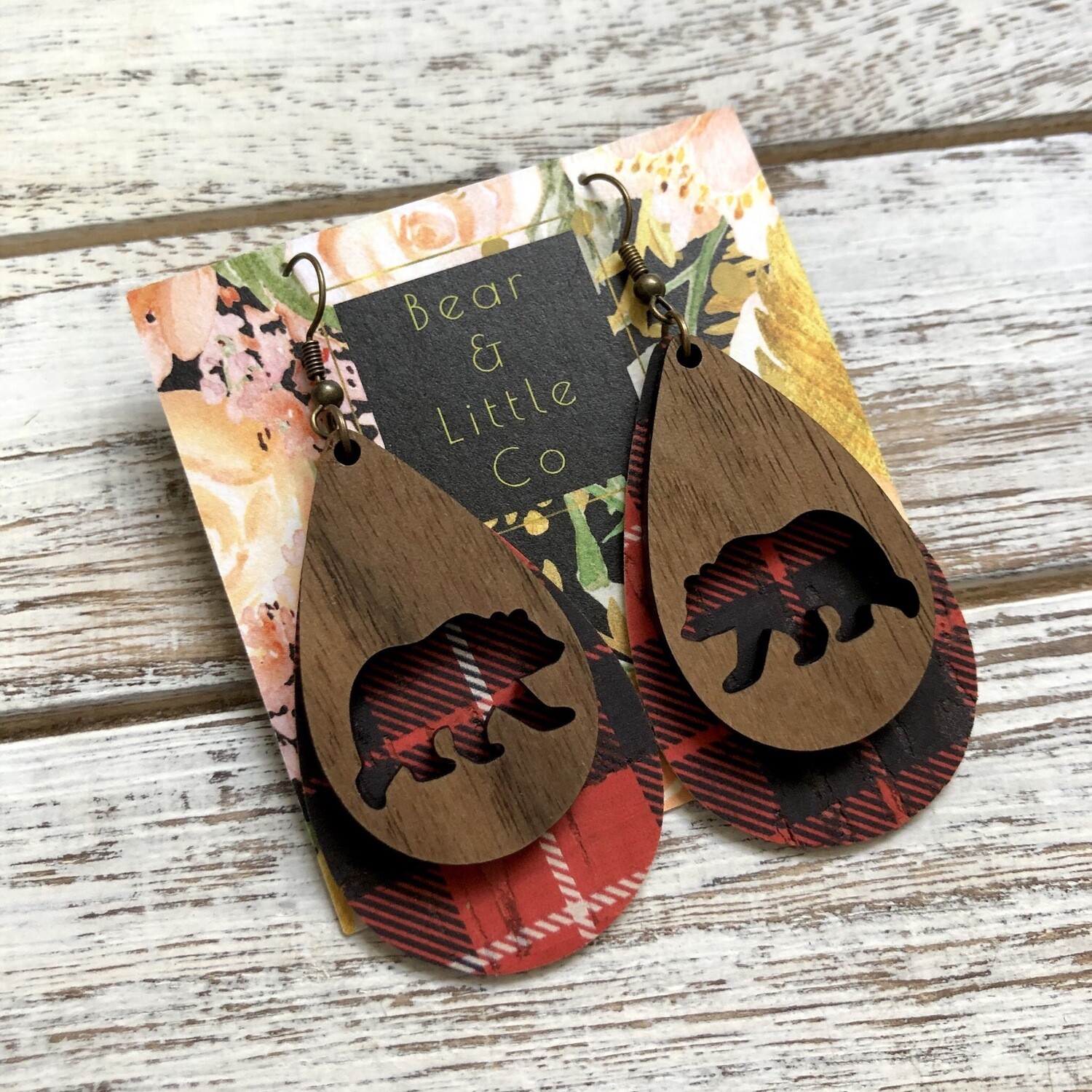 Bear Wood And Cork Earrings (Red Plaid)
