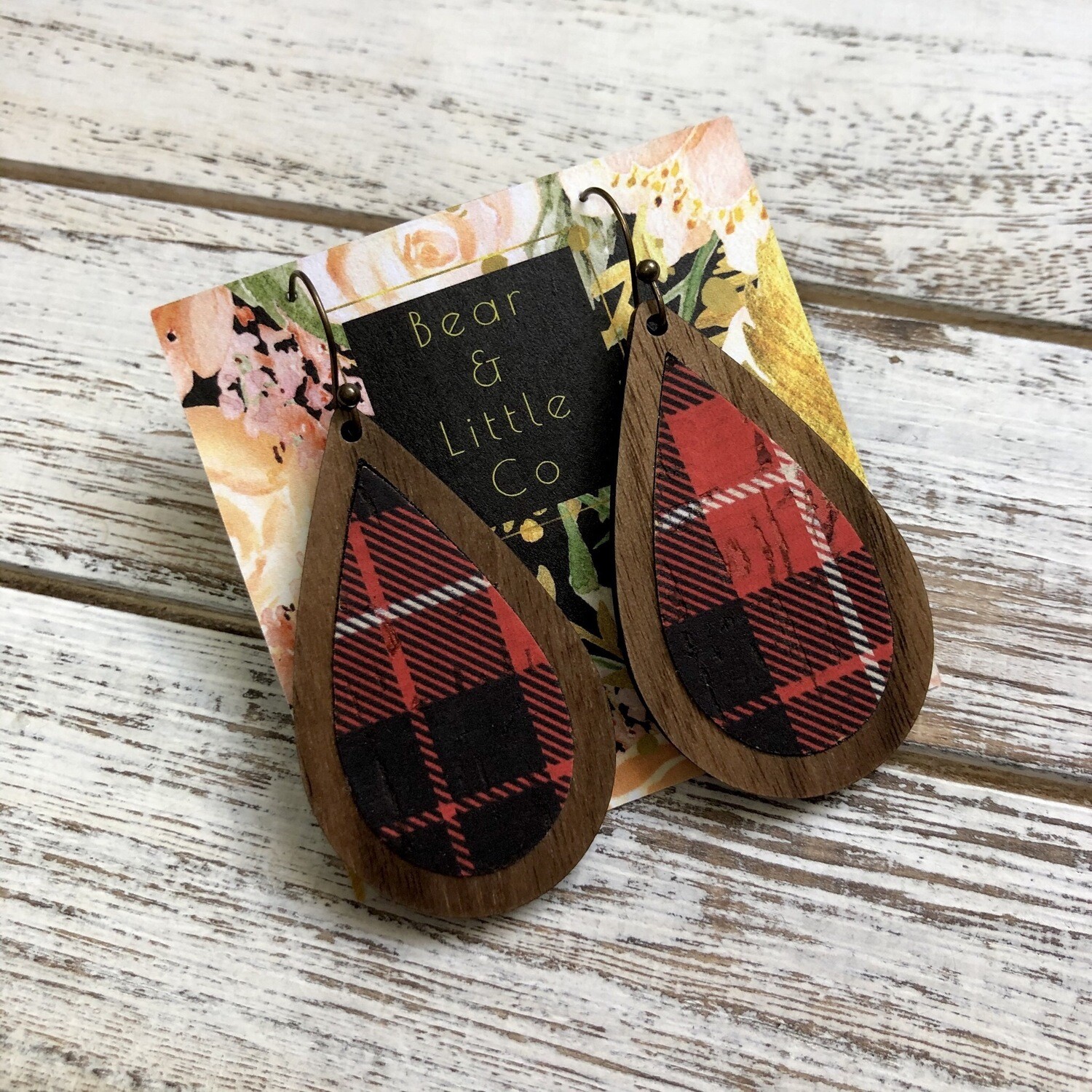 Teardrop Wood Earrings (Plaid)