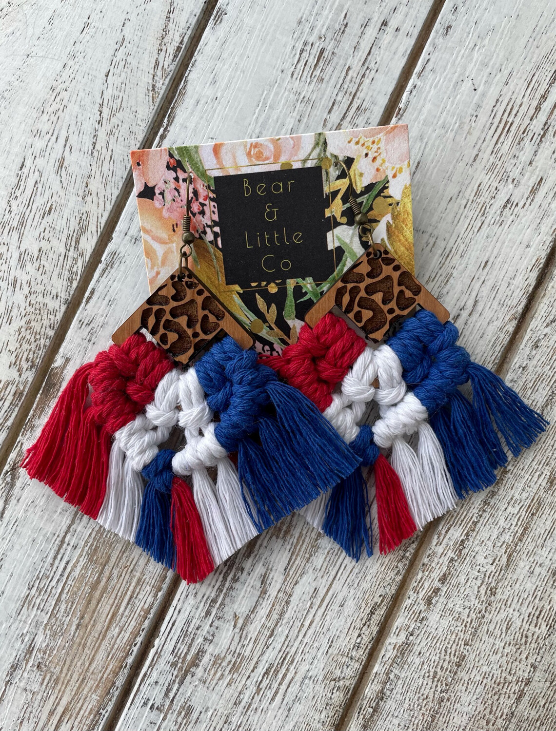 Macrame Earrings (Leopard Red White &amp; Blue)