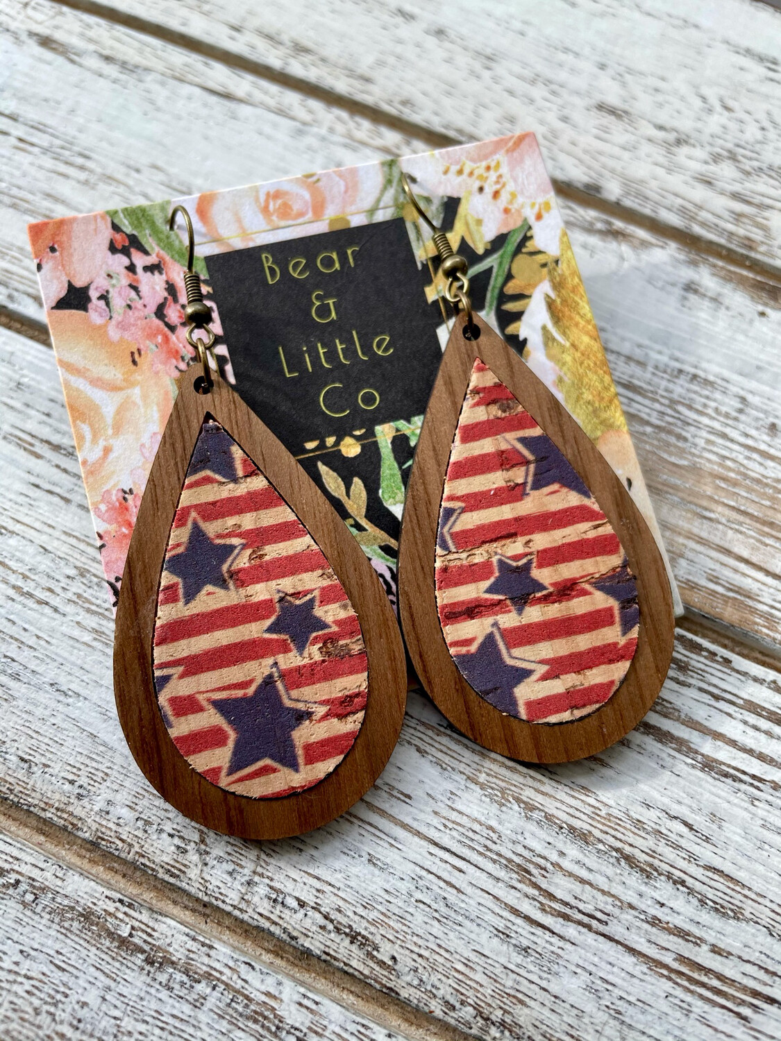 Teardrop Wood Earrings (Red, White &amp; Blue)