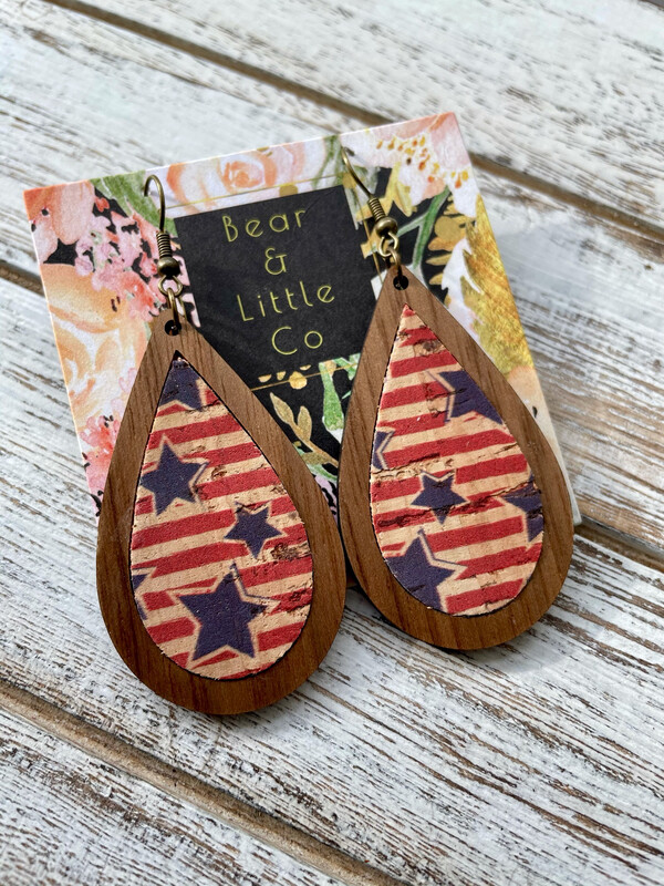 Teardrop Wood Earrings (Red, White &amp; Blue)