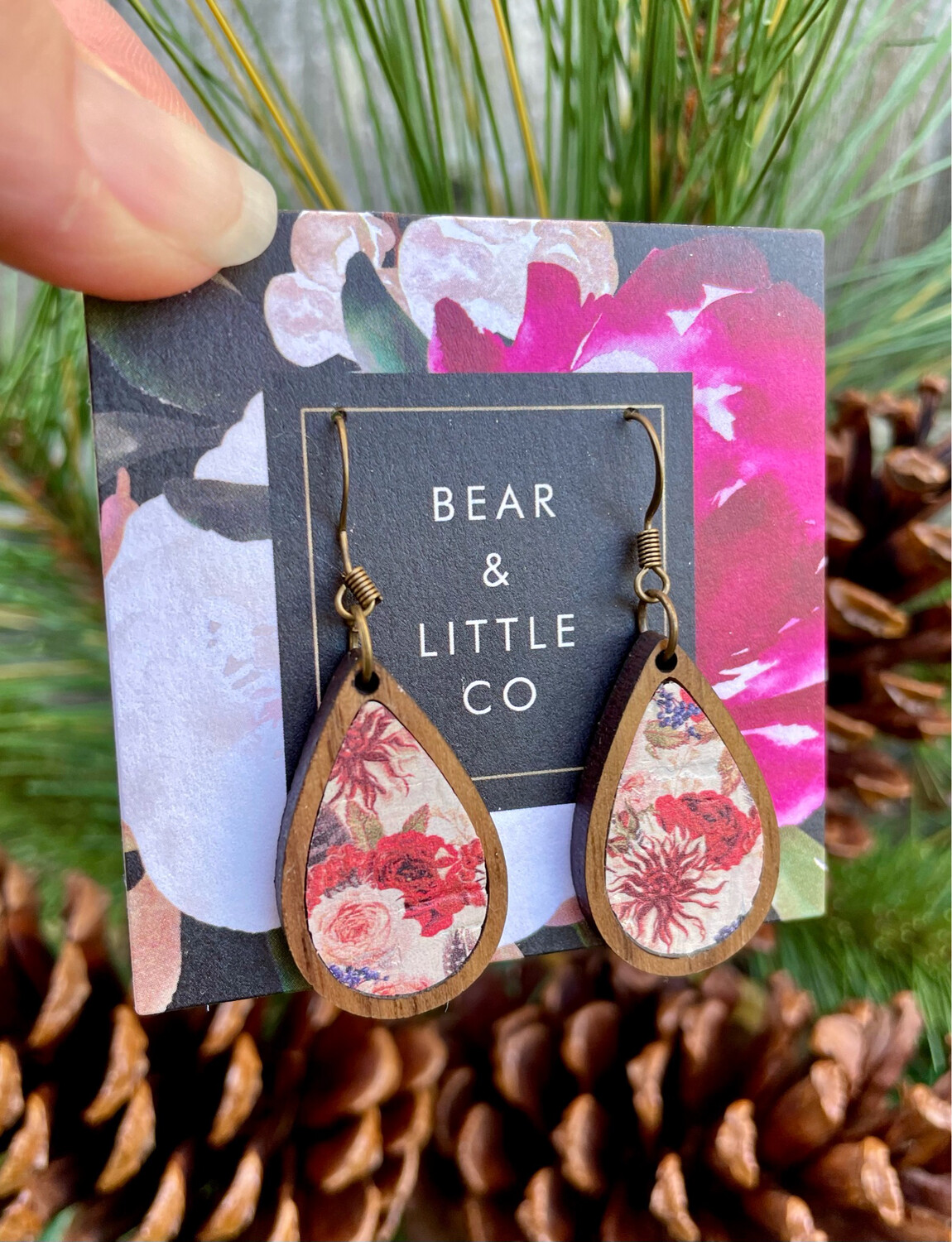 Teardrop Wood Mini Earrings (Red Floral)