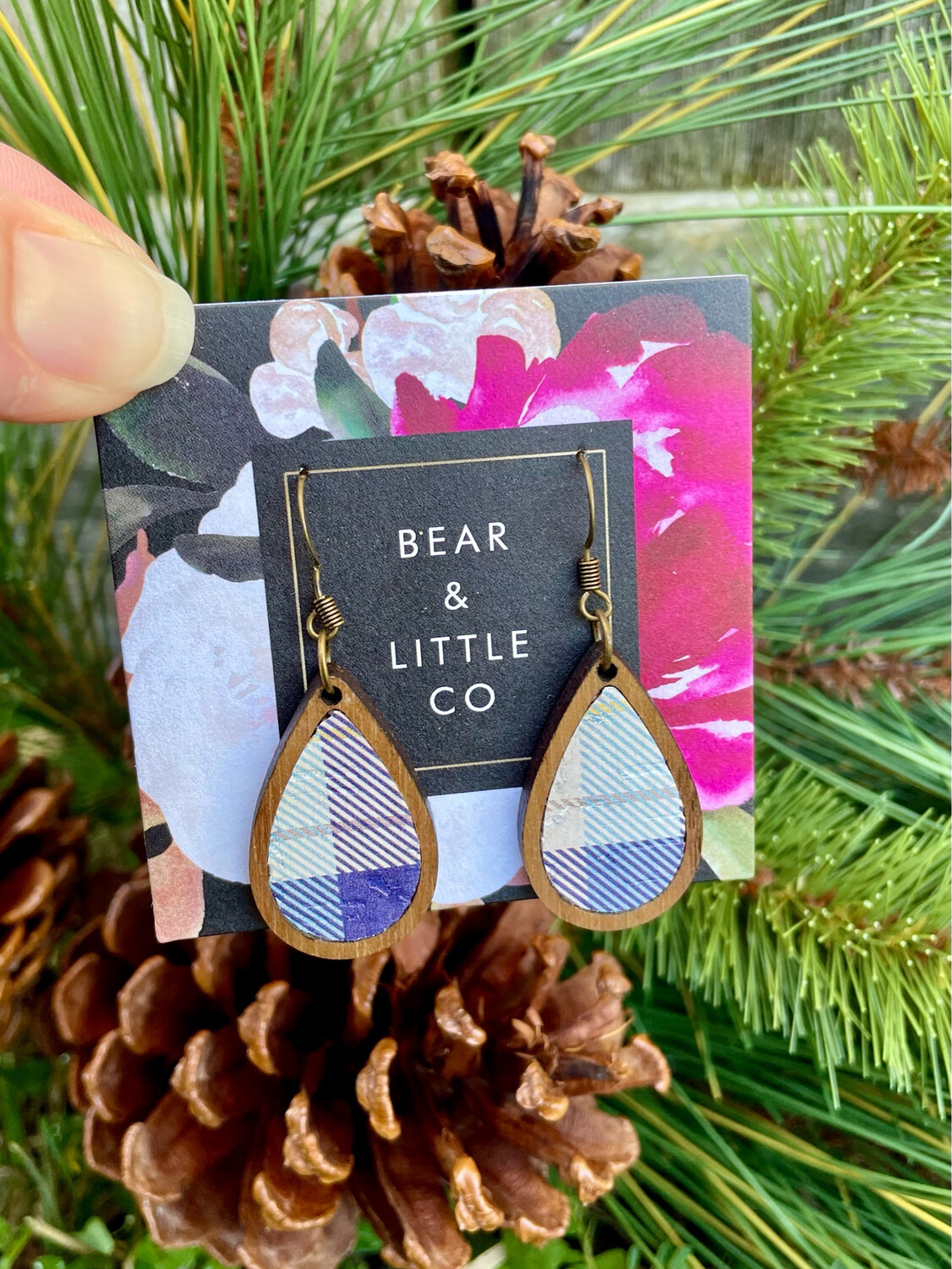 Teardrop Wood Mini Earrings (Blue Plaid)