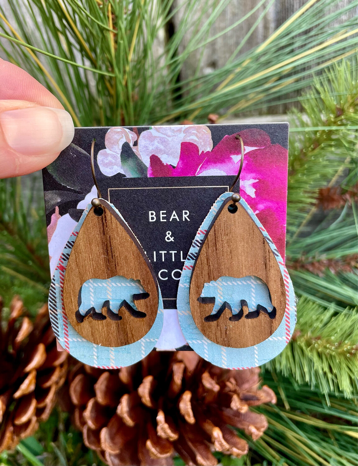 Bear Wood And Cork Earrings (Blue Plaid)