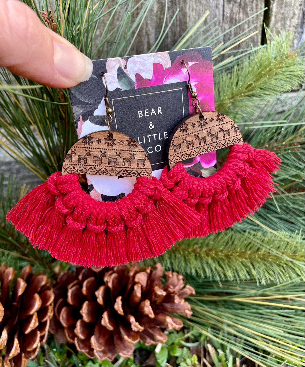 Macrame Earrings (Christmas Sweater Reindeer Red)
