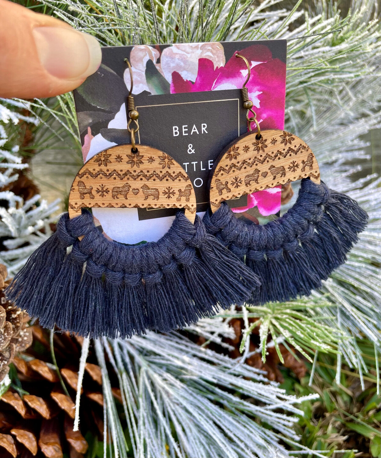 Macrame Earrings (Christmas Sweater Dog Navy)