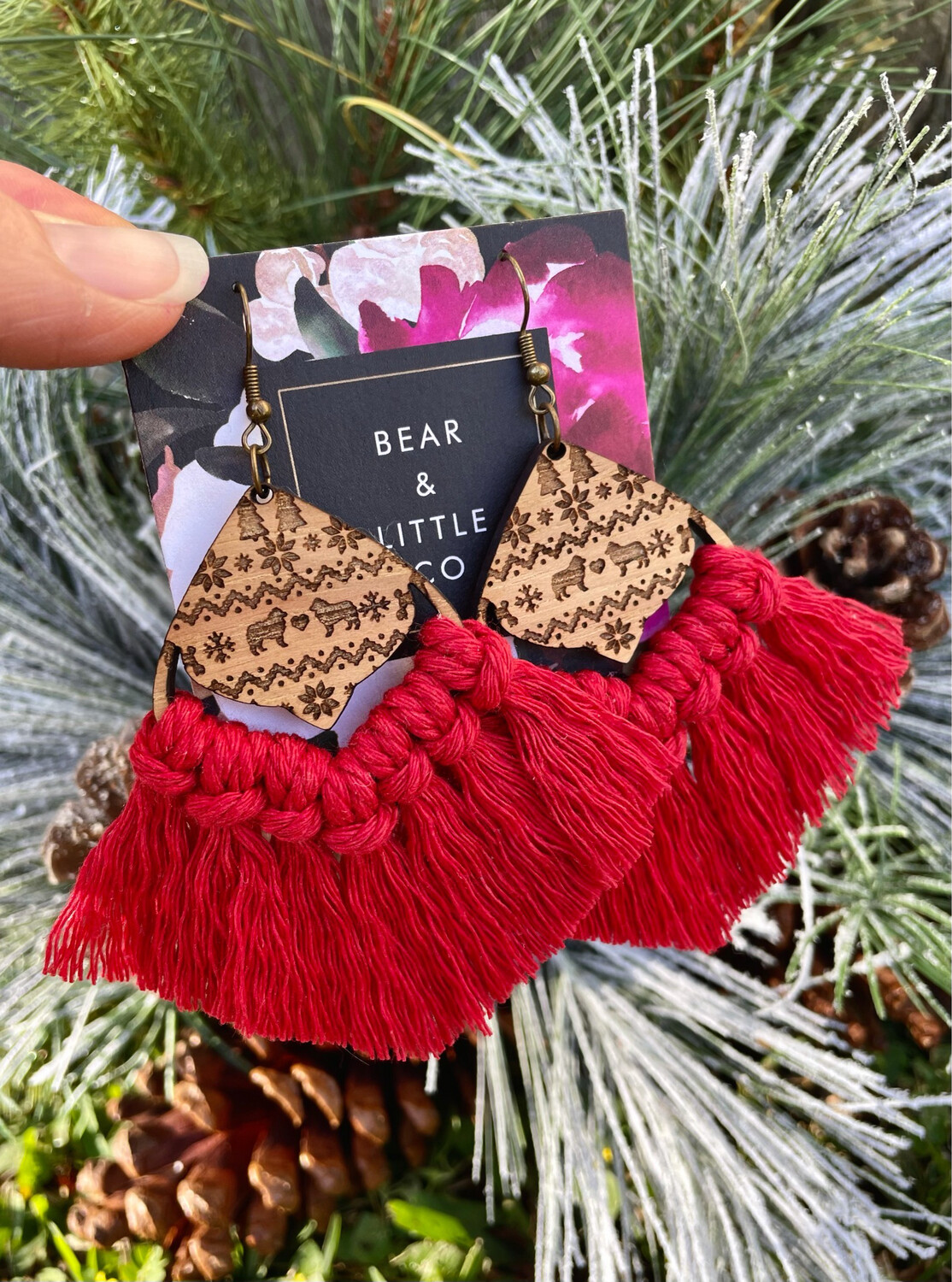 Macrame Earrings (Christmas Sweater Dog Red)
