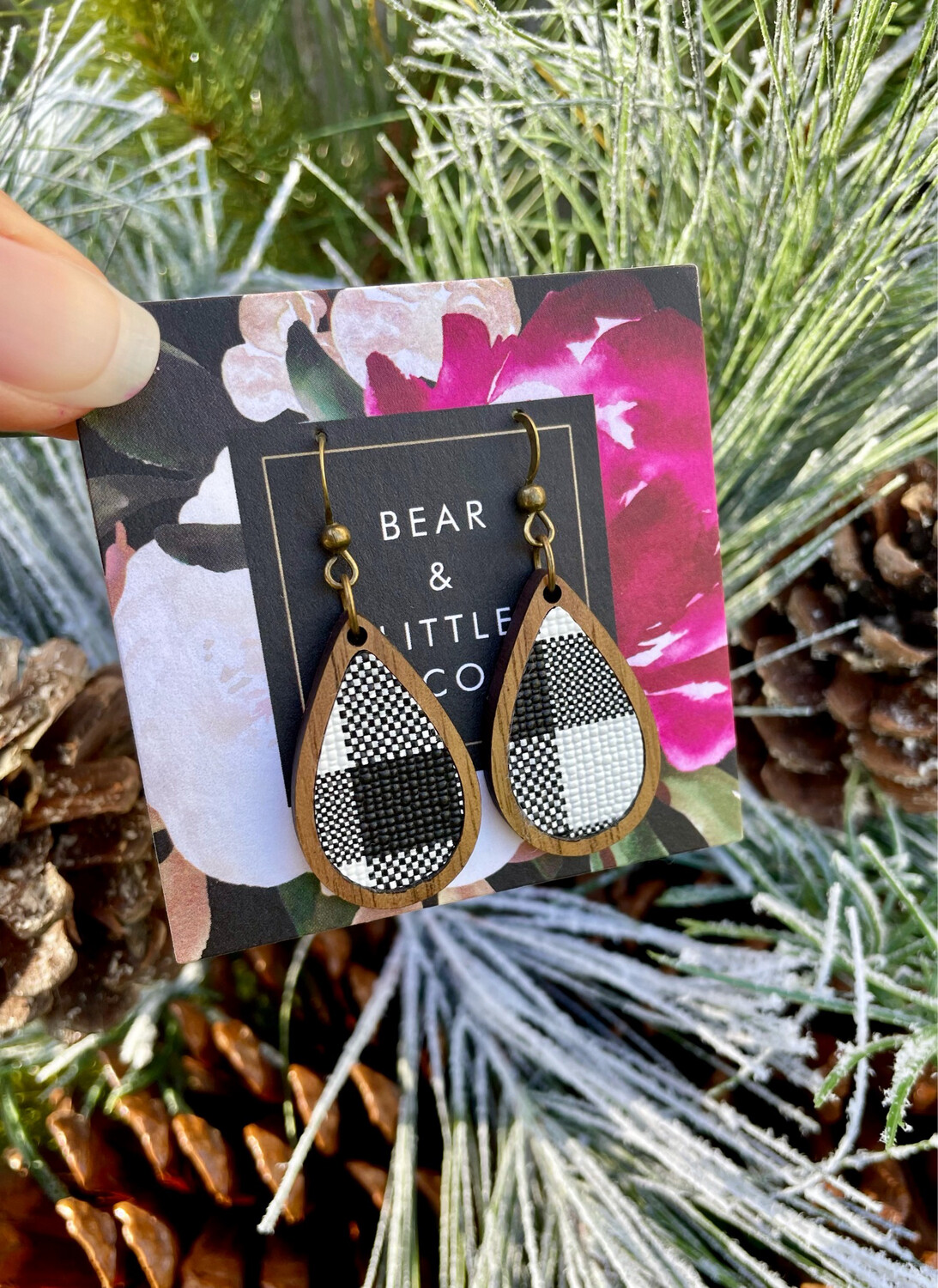 Teardrop Wood Mini Earrings (Buffalo Plaid Blk/Wht)