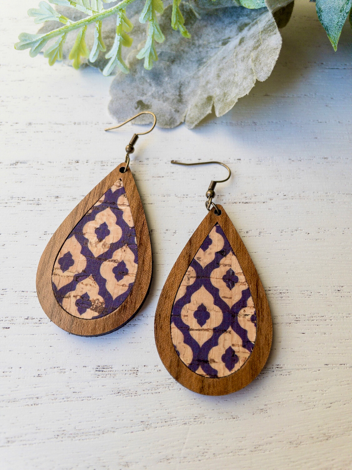 Teardrop Wood Earrings (Navy Trellis Cork)