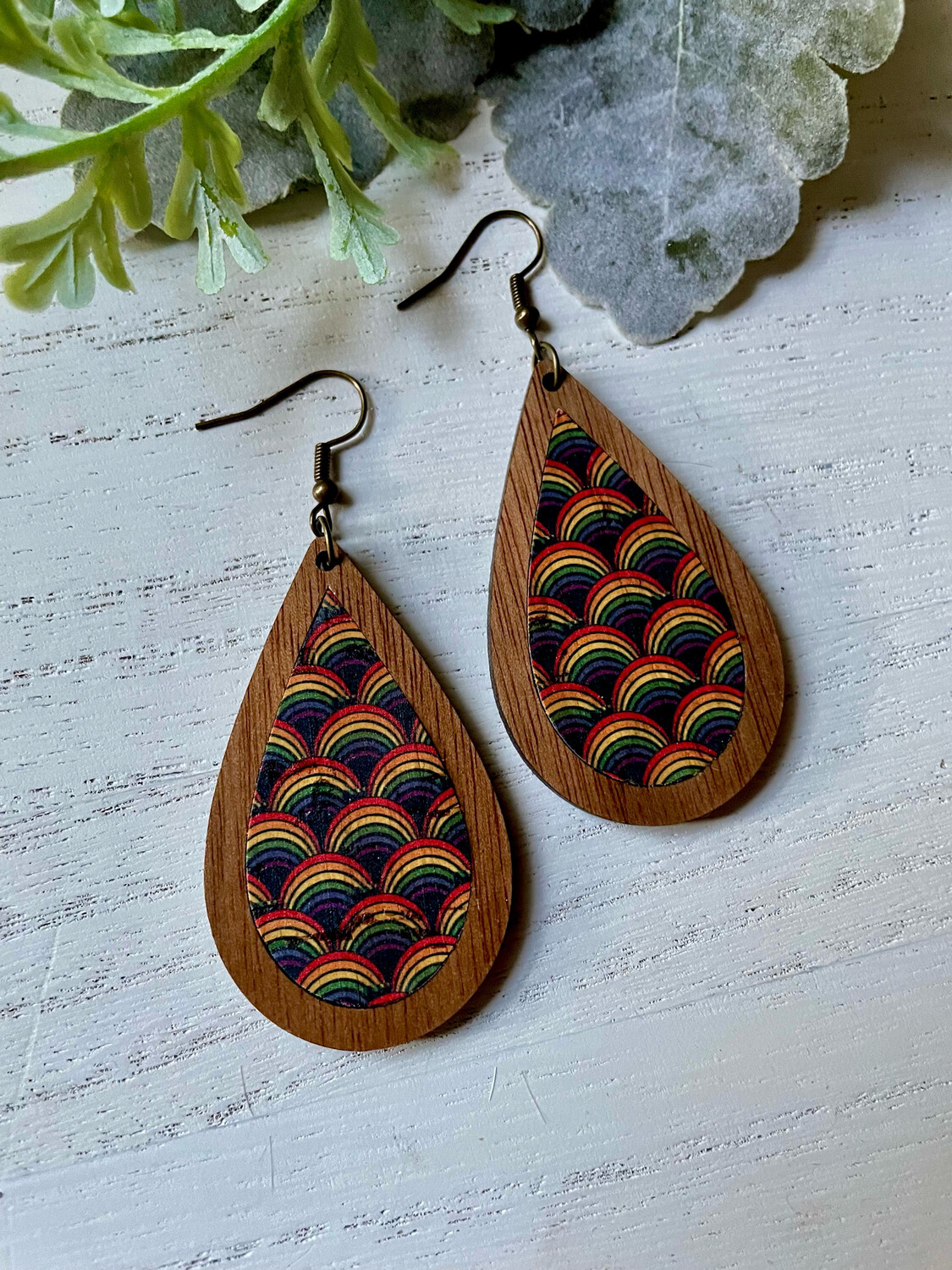 Teardrop Wood Earrings (Vintage Rainbow)