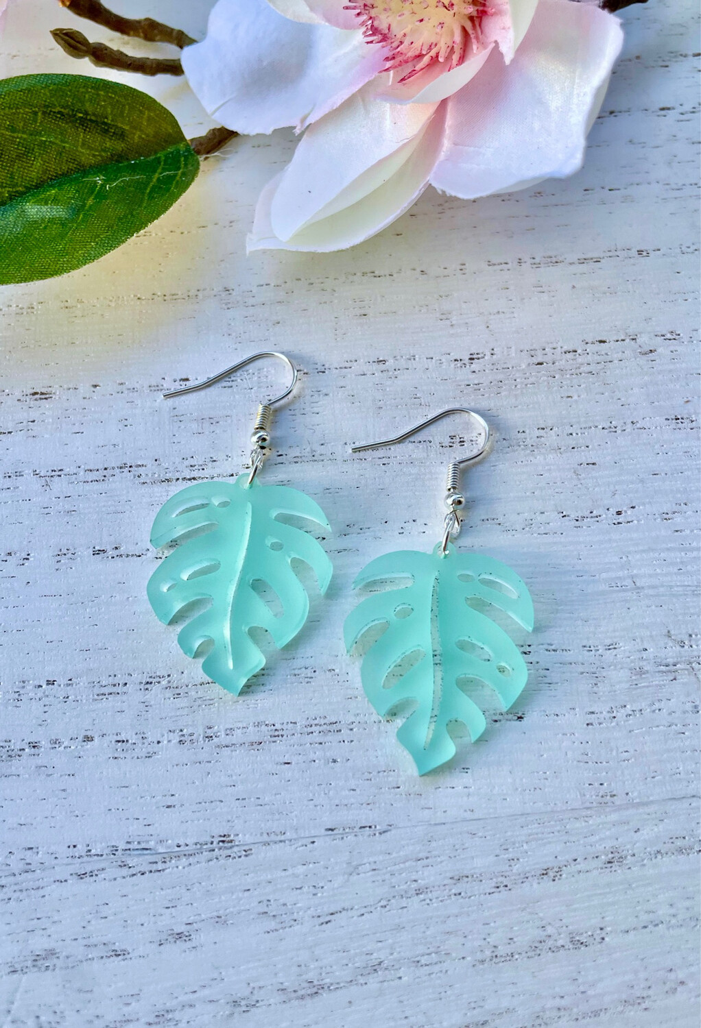 Mini Monstera Earrings (Seaglass)
