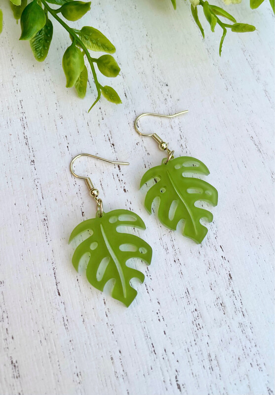 Mini Monstera Earrings (Frosted Olive)