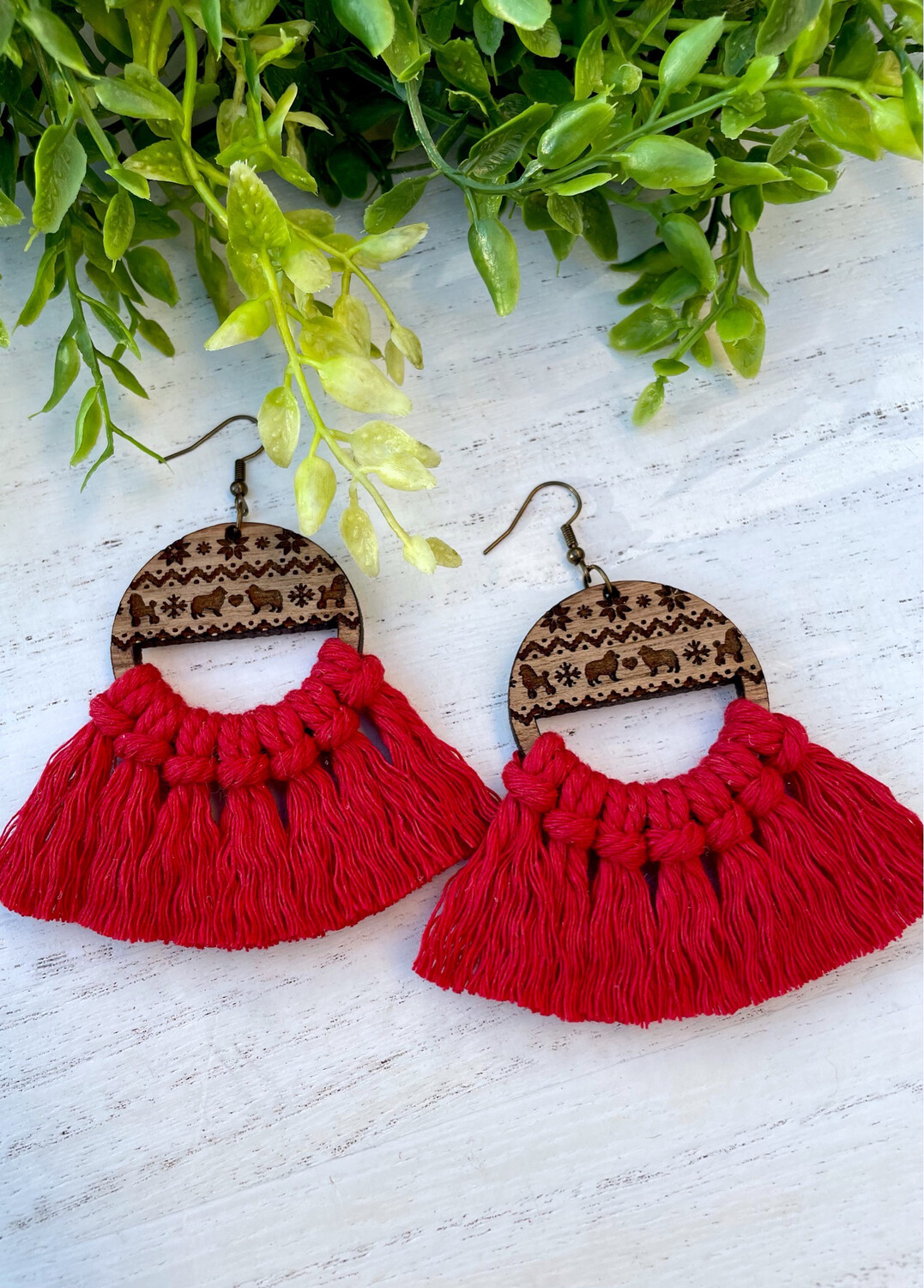 Macrame Earrings (Christmas Sweater Dog Red)
