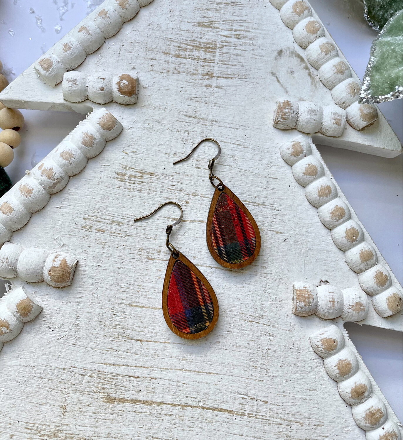 Teardrop Wood Mini Earrings (Red Green Plaid)