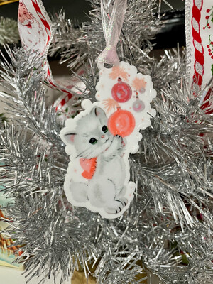 Vintage Kitty With Ornaments Gift Tag/Ornament