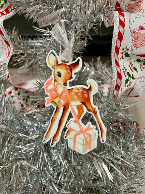 Vintage Reindeer Pink Bow Gift Tag/Ornament