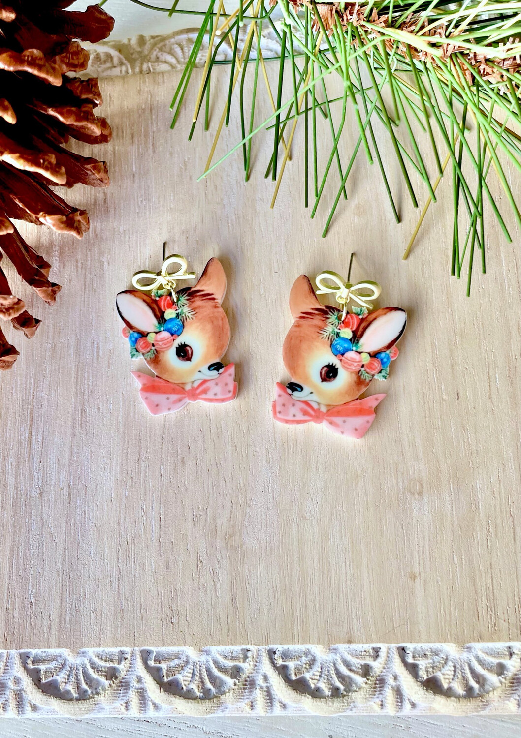 Vintage Reindeer With Wreath Earrings