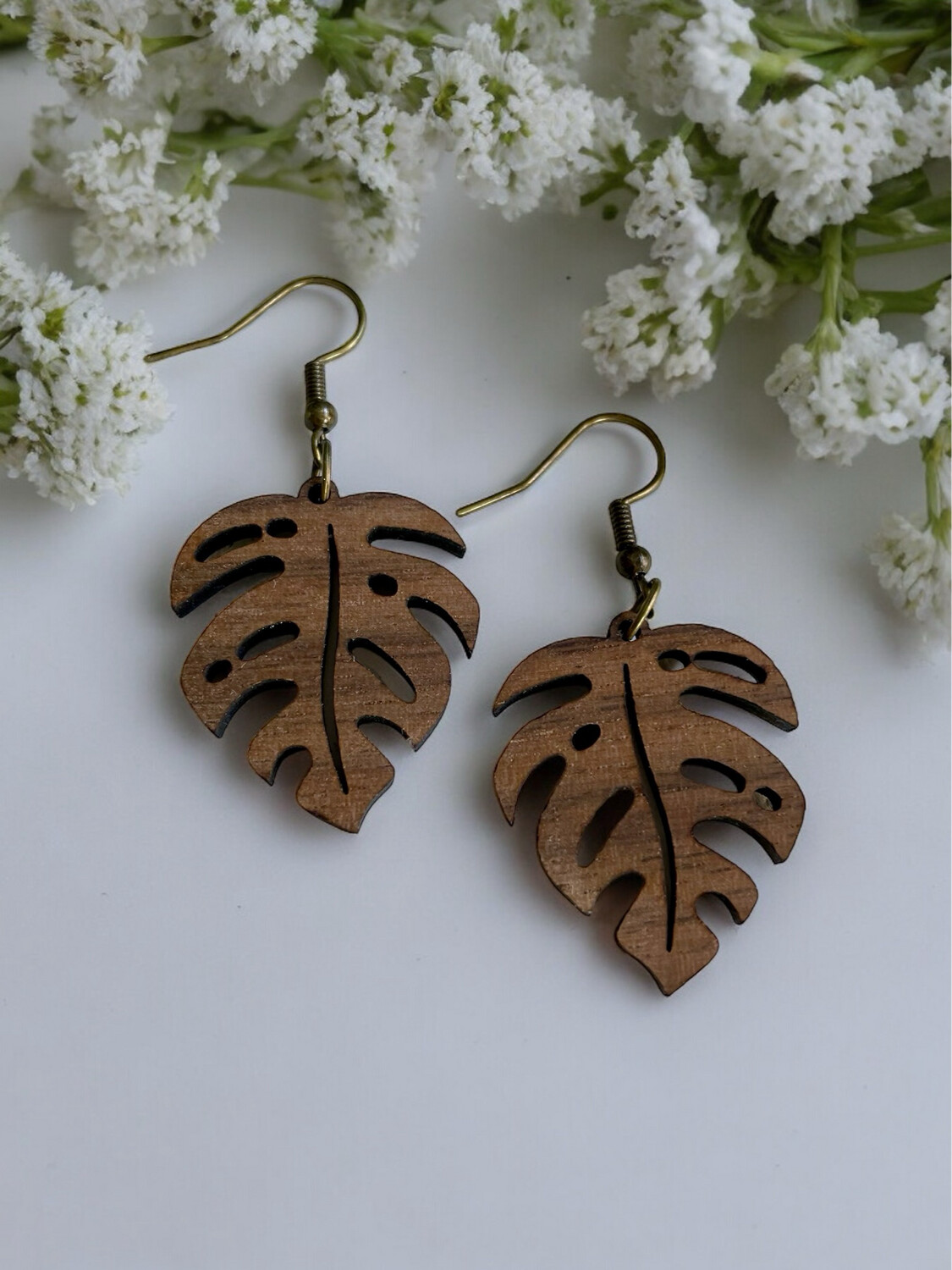Mini Monstera Earrings (Walnut Wood)