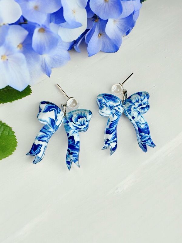 Blue Floral Bow Earrings