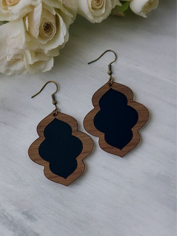 Vintage Wave Earrings (Walnut With Black Acrylic Inlay)