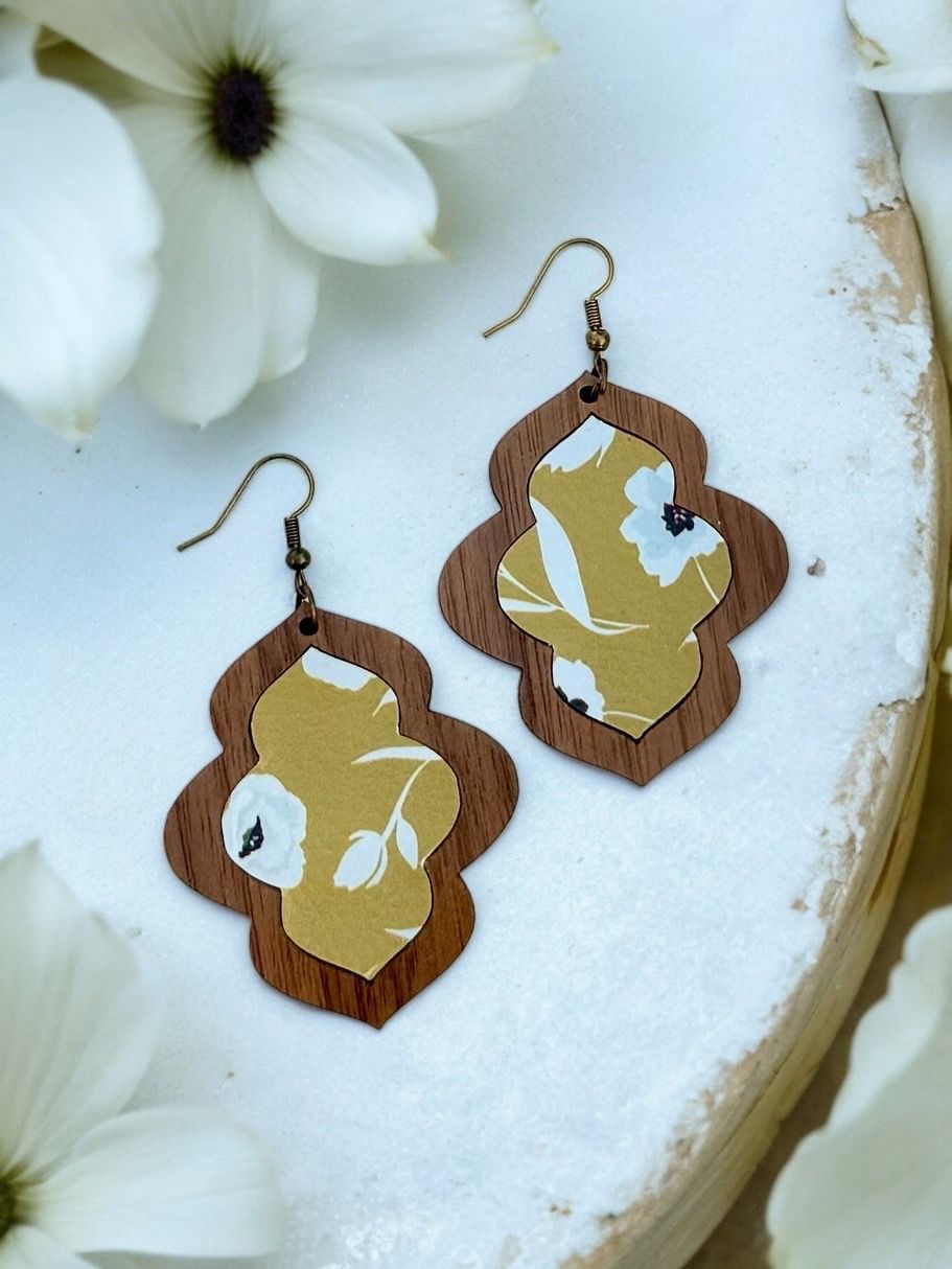 Vintage Wood Earrings (Mustard Floral)