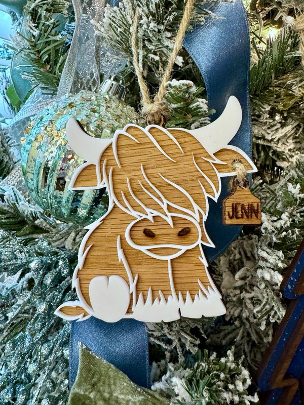 Personalized Highland Cow Ornament (Wood &amp; Acrylic)