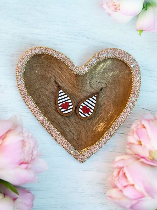 Teardrop Wood Earrings (Blk/Wht Stripe/Heart)