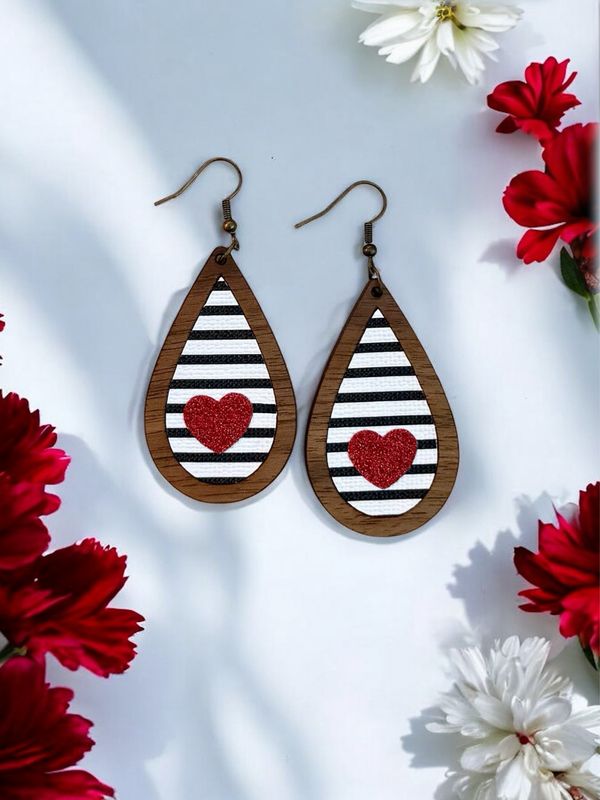 Teardrop Wood Earrings (Blk/Wht Stripe/Heart)
