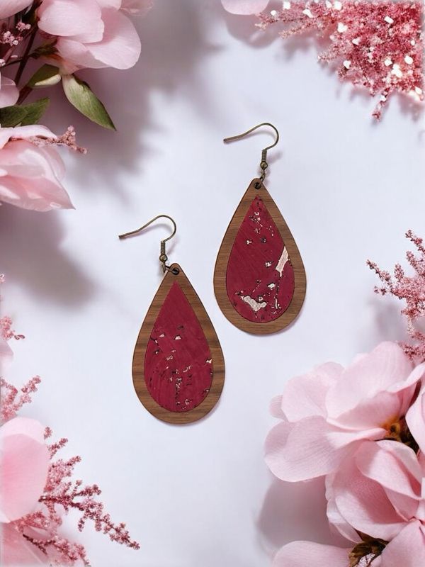 Teardrop Wood Earrings (Burgundy/Rose Gold)