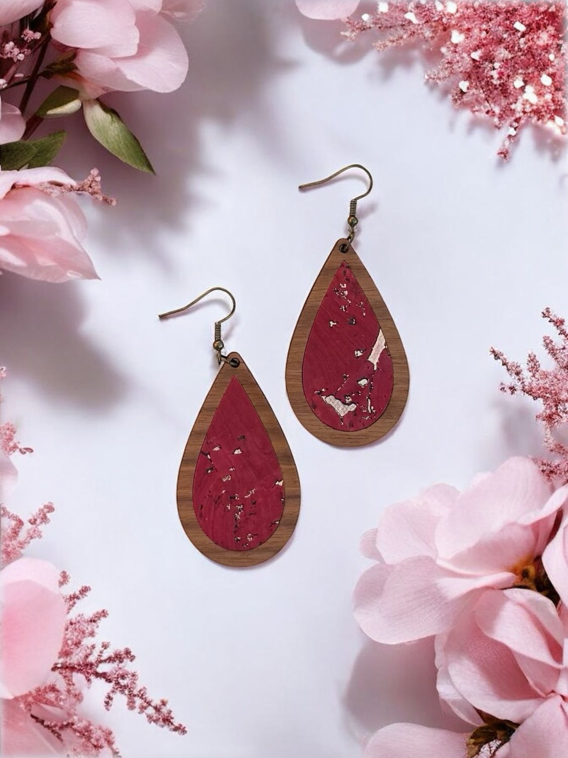 Teardrop Wood Earrings (Burgundy/Rose Gold)