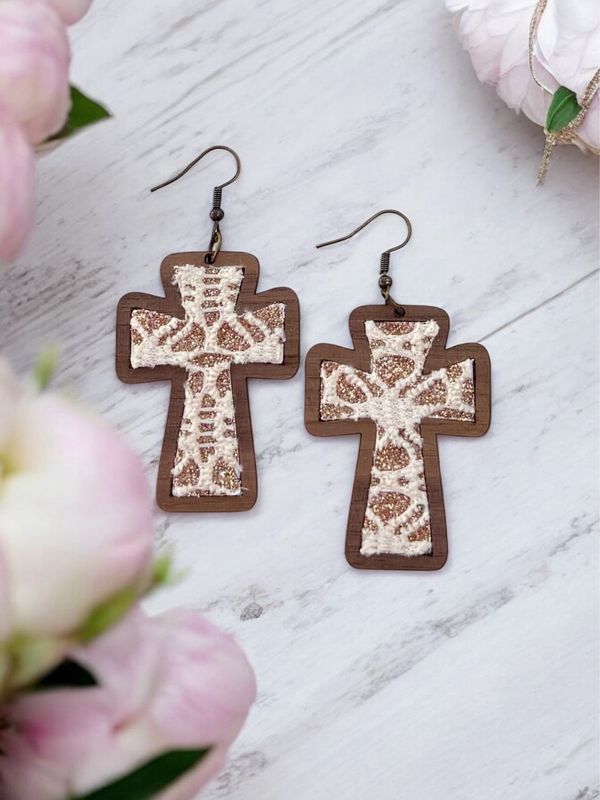 Cross Earrings With Rose Gold/Cream Lace Inlay