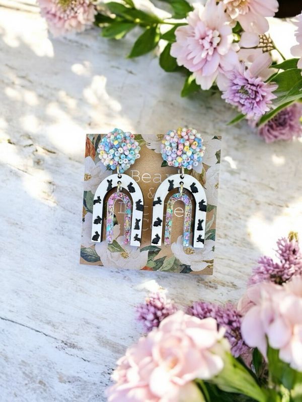 Mod Rainbow Earrings (Pastel Glitter And Bunnies)
