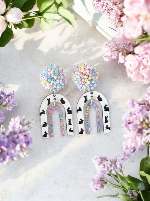 Mod Rainbow Earrings (Pastel Glitter And Bunnies)