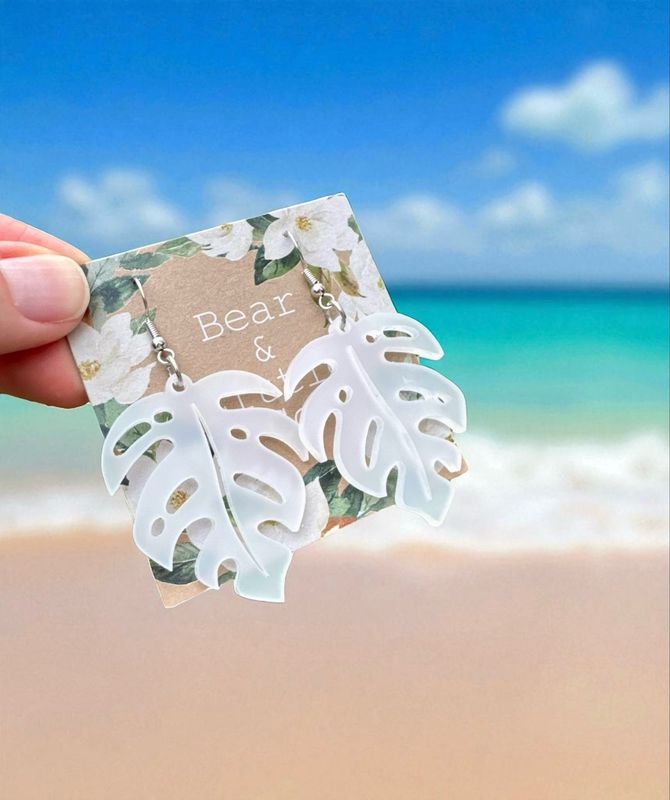 Monstera Earrings (Frosted White)