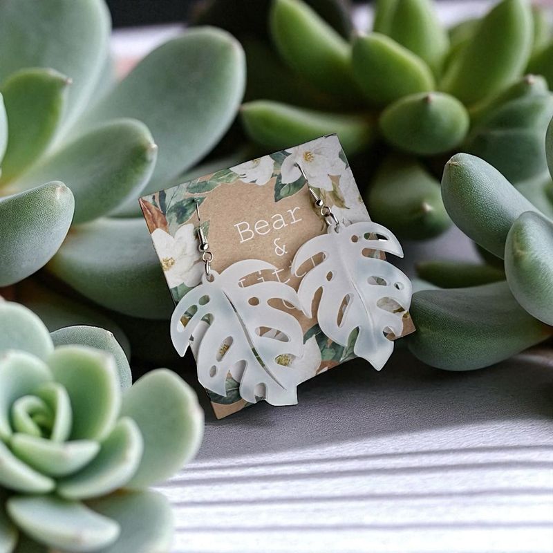 Monstera Earrings (Frosted White)